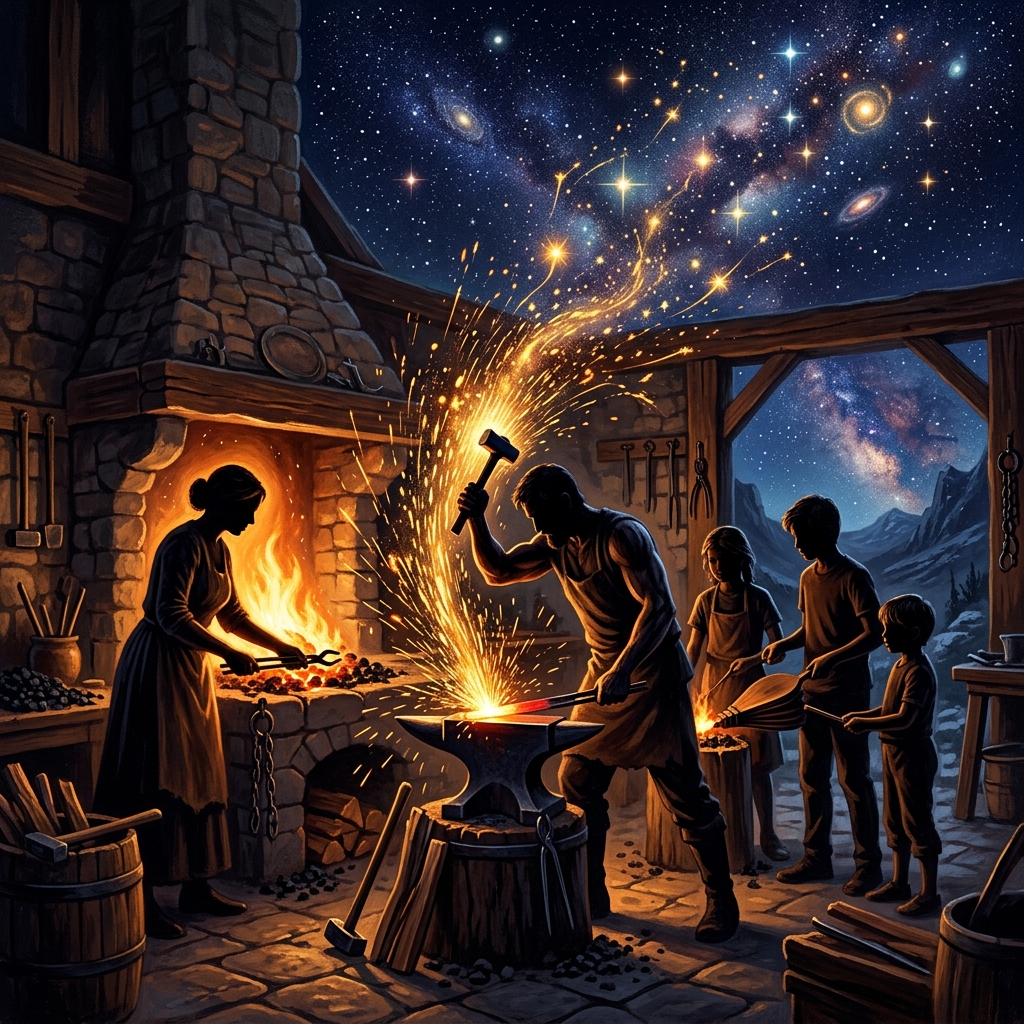 A family working side by side at a glowing forge, sparks rising into a starry sky