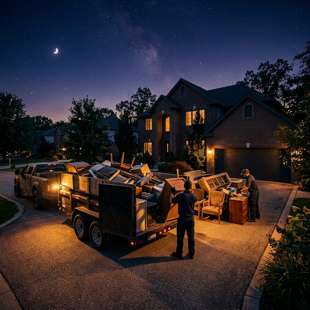 Junk removal trailer being loaded at dusk under a starry sky