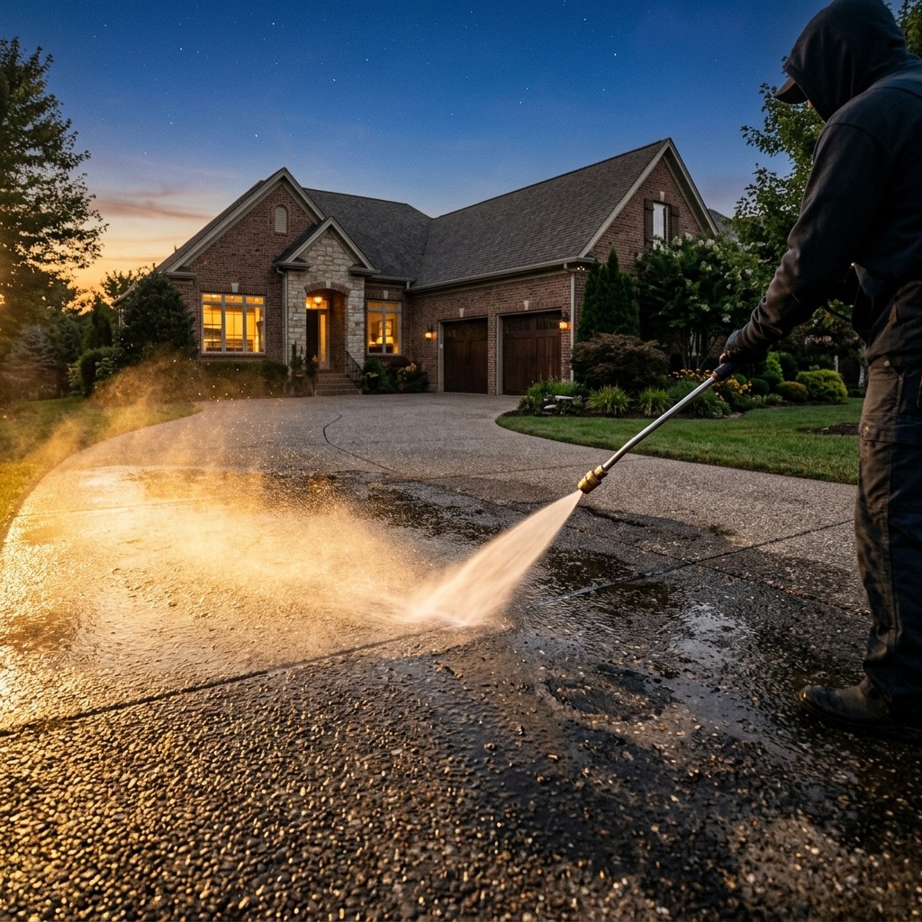 Pressure washing wand cleaning a driveway, clean concrete glowing in golden light