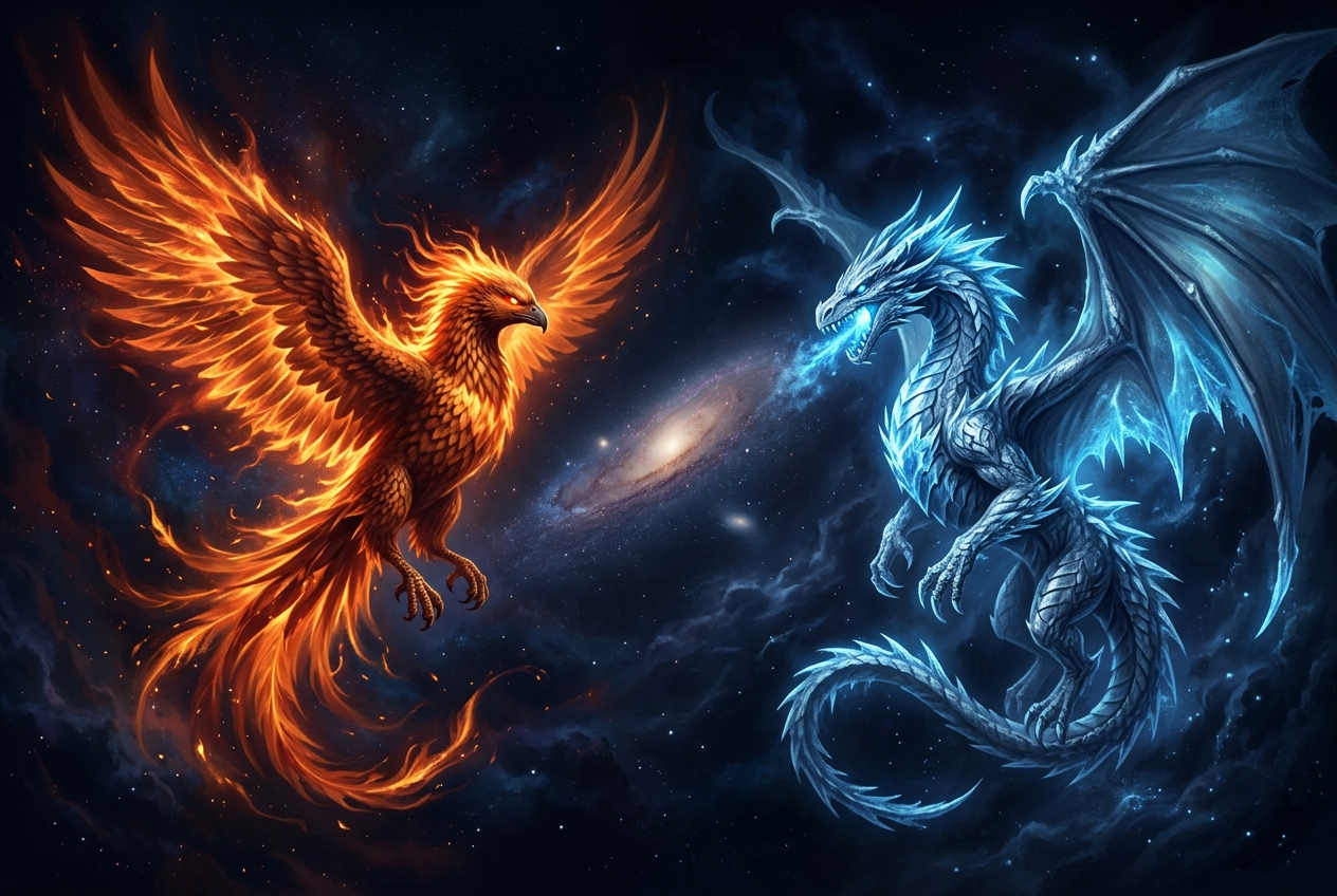 The echo dragon in ice blue and the phoenix in ember gold — the visual guide for the Phoenix Echo brand