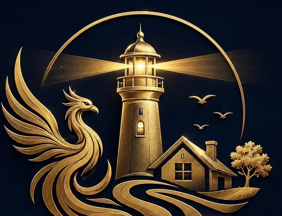 Lighthouse of Hope Haven — golden lighthouse, phoenix and home emblem