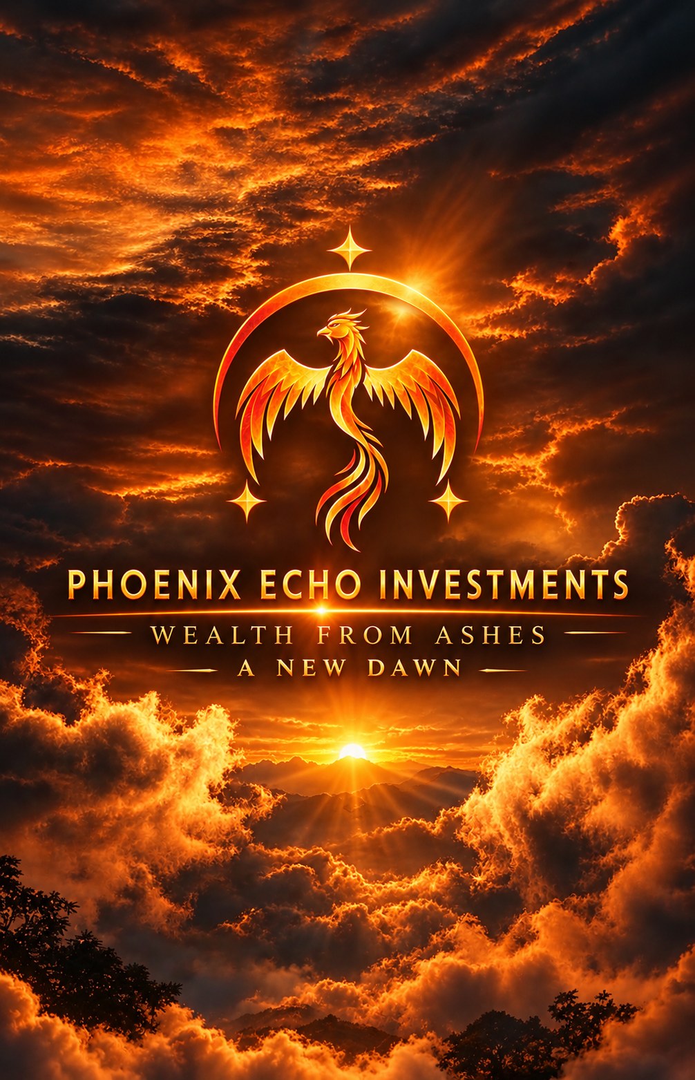 Phoenix Echo Investments brand poster — phoenix rising over a fiery dawn sky