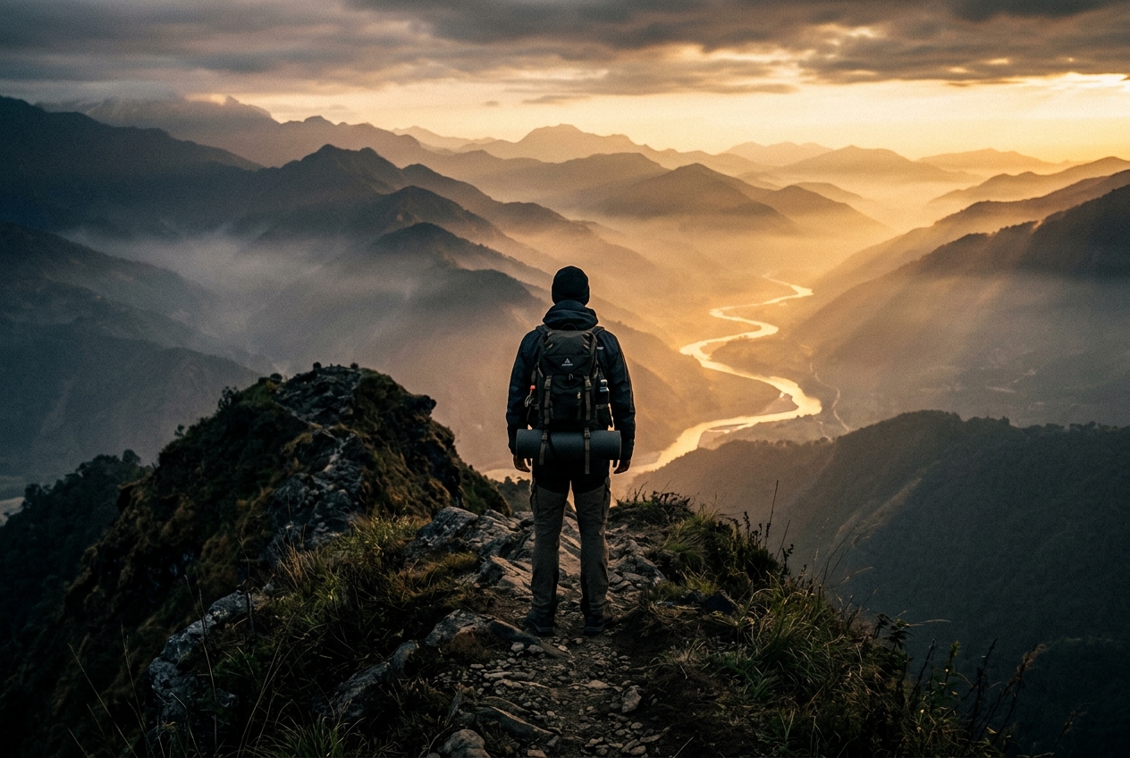 A lone figure looks over misty mountains at dawn